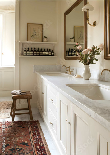 A large doublesink vanity in an elegant bathroom with white walls walnut cabinets and a marble countertop There is a single wide long mirror above the basins On one si photo