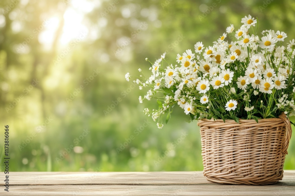 Spring field flowers chamomile bouquet in wicker basket on table in blured green background with copy space. Spring field flowers chamomile bouquet in wicker basket on table in blured green background with copy space.