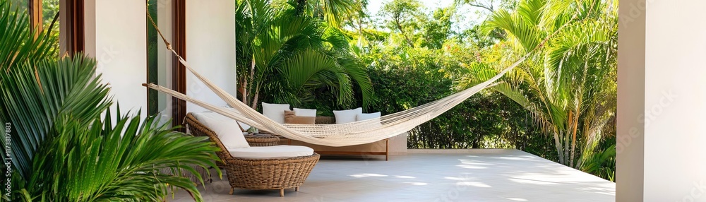 Fototapeta premium Patio with tropical plants and a relaxing hammock