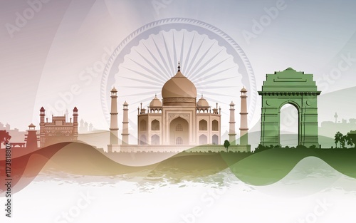 tiranga flag, India's iconic landmarks, Taj Mahal, India Gate, and Red Fort, with the Ashoka Chakra, set against a tricolor wave background. photo