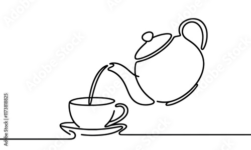 Teapot pouring tea to cup. Continuous line drawing