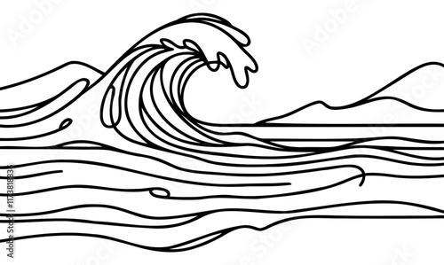 One continuous Line drawing of sea wave. Modern abstract seascape and concept for surf club in simple linear style. Doodle vector illustration