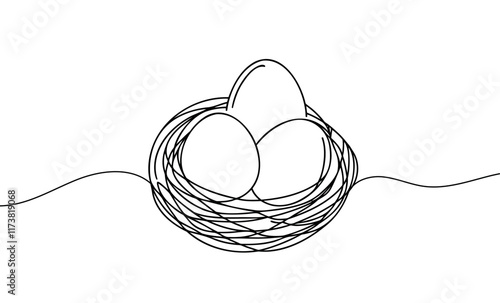 continuous line drawing of chicken eggs. one line drawing of chicken eggs in basket. isolated white background.