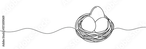 continuous line drawing of chicken eggs. one line drawing of chicken eggs in basket. isolated white background.