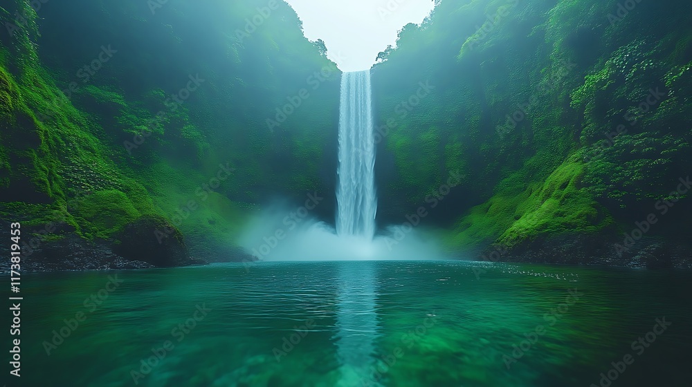 Fototapeta premium Lush green waterfall cascading into a tranquil pool.