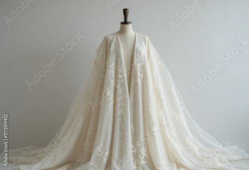 Elegant ivory wedding dress on mannequin photo