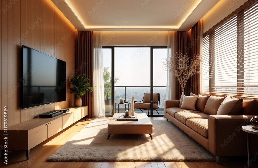 Obraz premium Modern living room design with earth tone, natural colors. Wooden wall, furniture create warm, cozy ambiance. Sunlight streams in through blinds on large windows with city view. Comfortable leather
