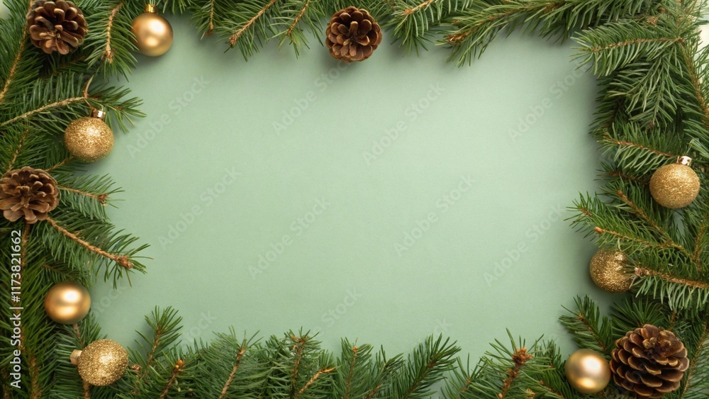 Festive Green Pine Frame with Golden Ornaments and Pinecones, christmas frame with fir branches and cones Festive Green Pine Frame with Golden Ornaments and Pinecones, christmas frame with fir branches and cones