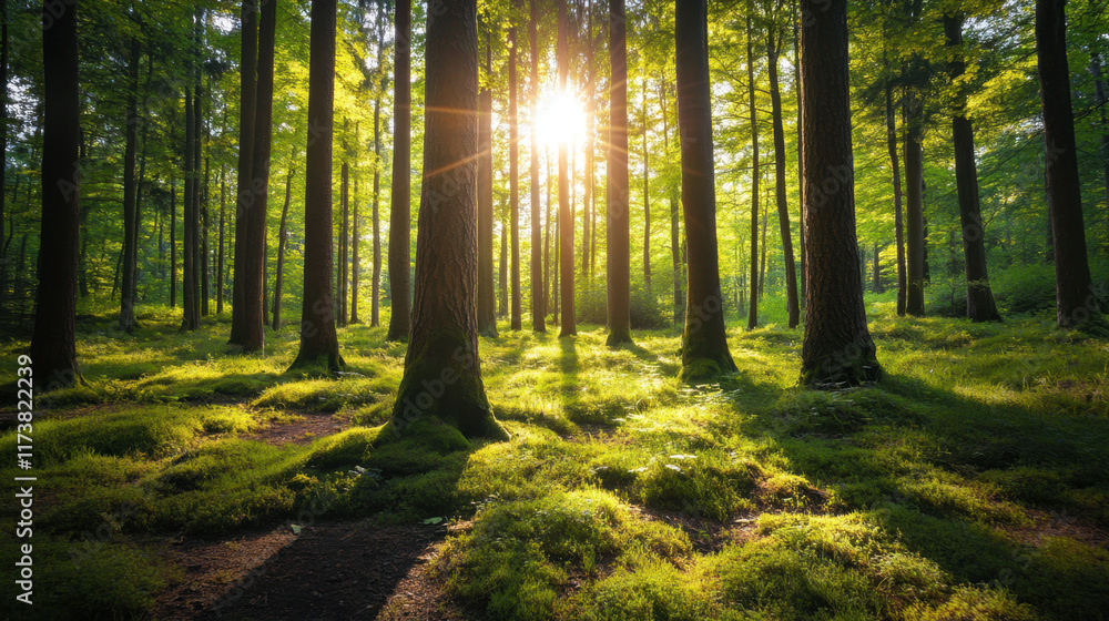 Obraz premium Sunlight streams through lush green forest.