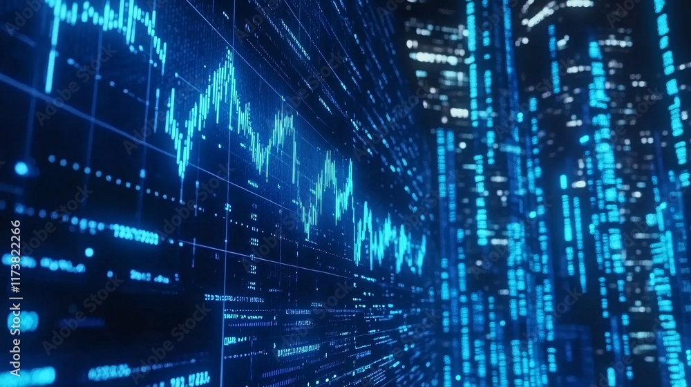 A futuristic digital landscape showcasing blue data graphs against a dark, high-tech background. A futuristic digital landscape showcasing blue data graphs against a dark, high-tech background.