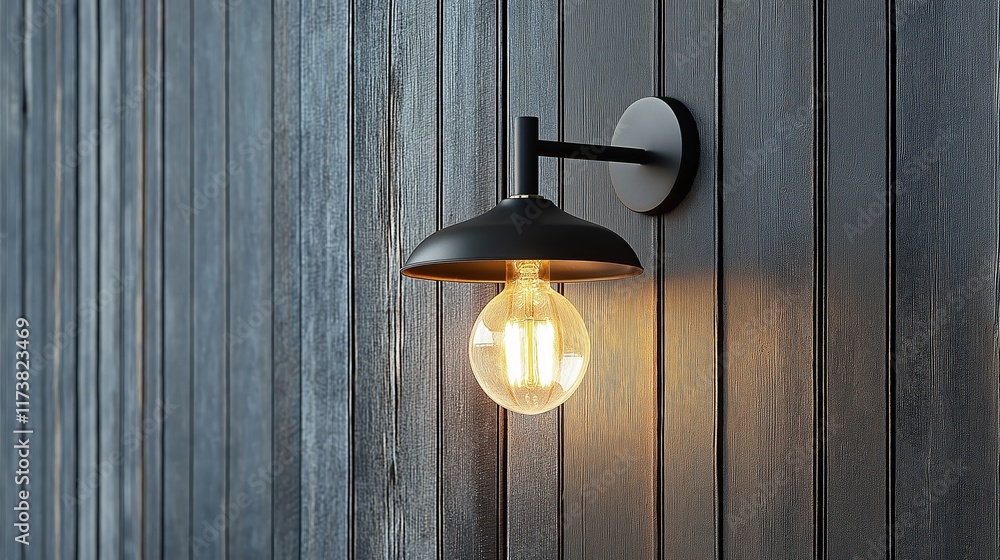 Stylish Black Wall Sconce with Warm Bulb on Wooden Background Stylish Black Wall Sconce with Warm Bulb on Wooden Background