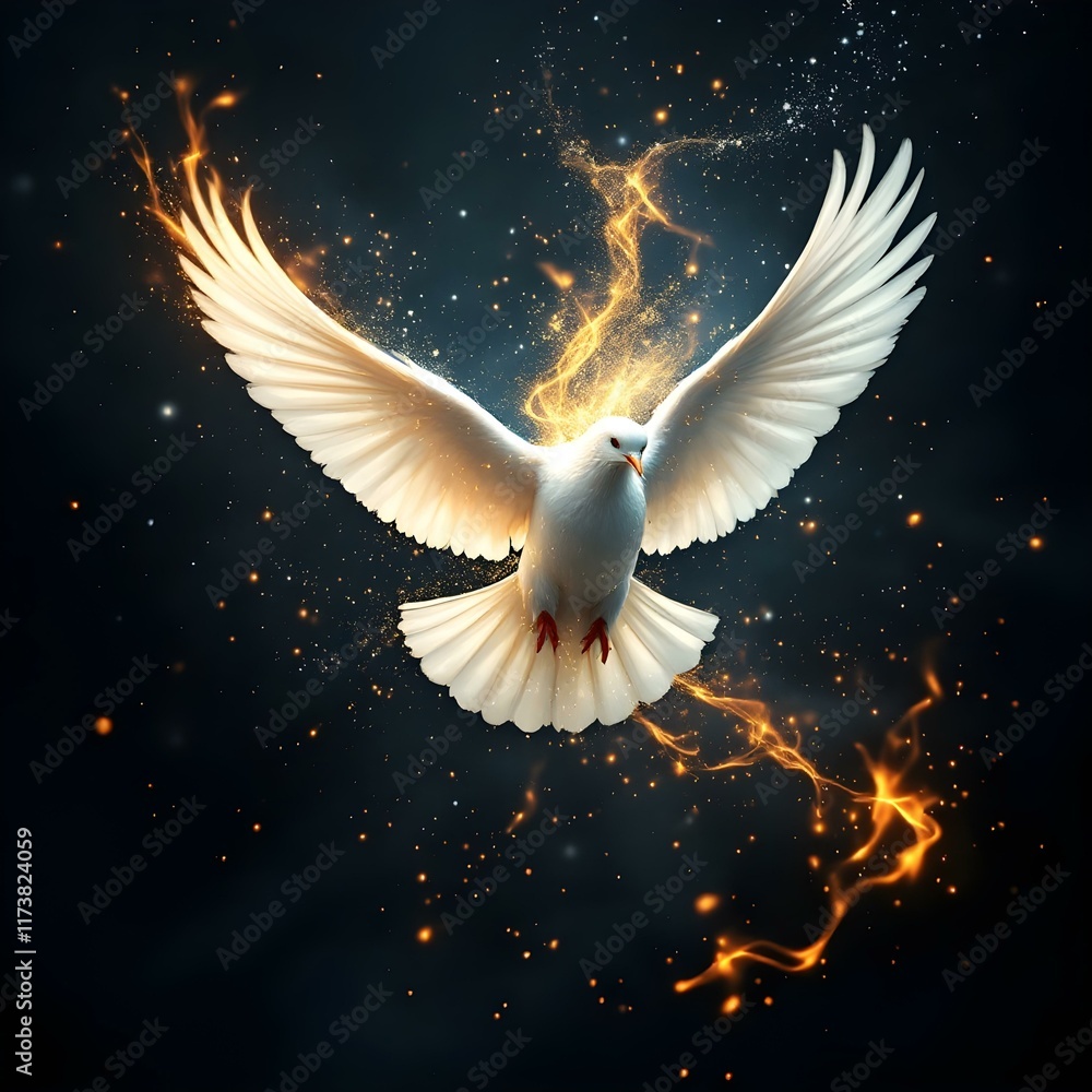 Fototapeta premium White Dove in Flight with Dynamic Flames and Dark Contrast