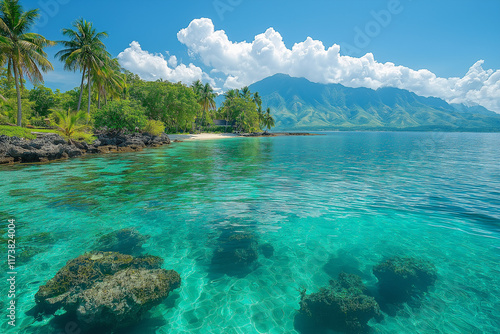 Photo réaliste professionnelle d’une île tropicale avec palmiers luxuriants, eau cristalline, et récifs coralliens visibles photo