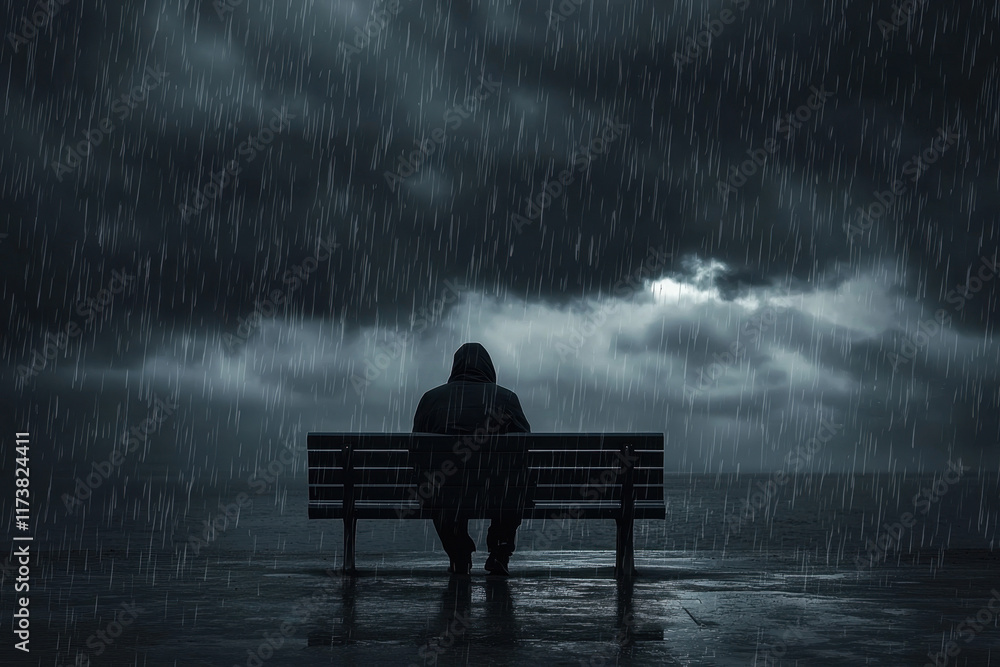 Silhouette of a person seated on a bench under heavy rain in a melancholic atmosphere Silhouette of a person seated on a bench under heavy rain in a melancholic atmosphere
