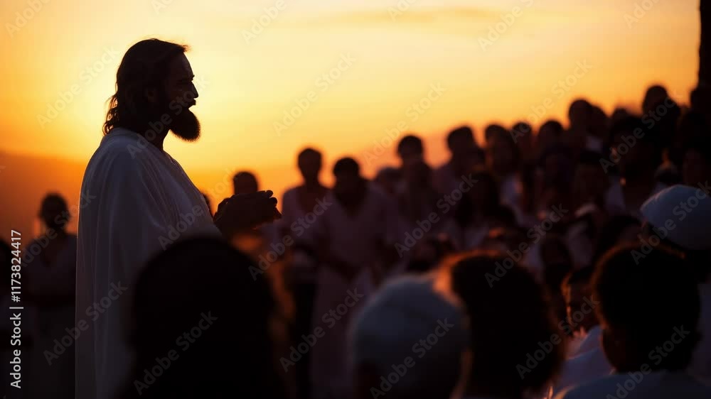 Jesus delivers a powerful message to the crowd during a breathtaking sunset moment