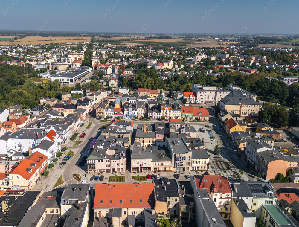 Summer skyline cityscape of Szamotuły, Wielkopolska, Poland. Wide panoramic aerial view