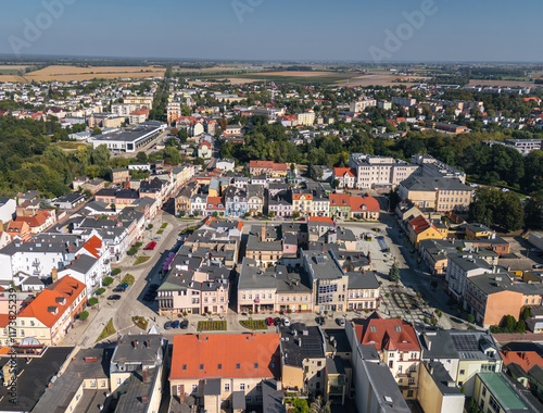 Obraz na płótnie Summer skyline cityscape of Szamotuły, Wielkopolska, Poland. Wide panoramic aerial view w salonie