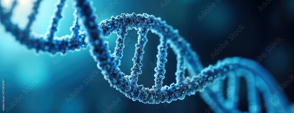 Closeup detailed view of DNA double helix structure. Complex molecule shows intricate spiral pattern. Deep blue tones highlight scientific biotech research theme. Medical genetic engineering study Closeup detailed view of DNA double helix structure. Complex molecule shows intricate spiral pattern. Deep blue tones highlight scientific biotech research theme. Medical genetic engineering study