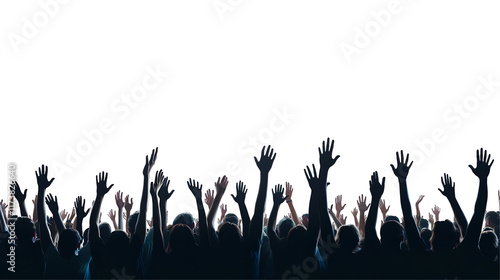 Crowd silhouettes with raised hands.