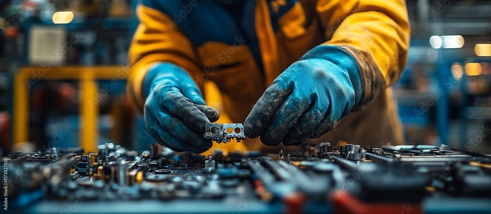 Precision and Diligence: A Close-Up of a Technician's Hands Carefully Examining and Repairing Complex Machinery Components in a Factory Setting Precision and Diligence: A Close-Up of a Technician's Hands Carefully Examining and Repairing Complex Machinery Components in a Factory Setting