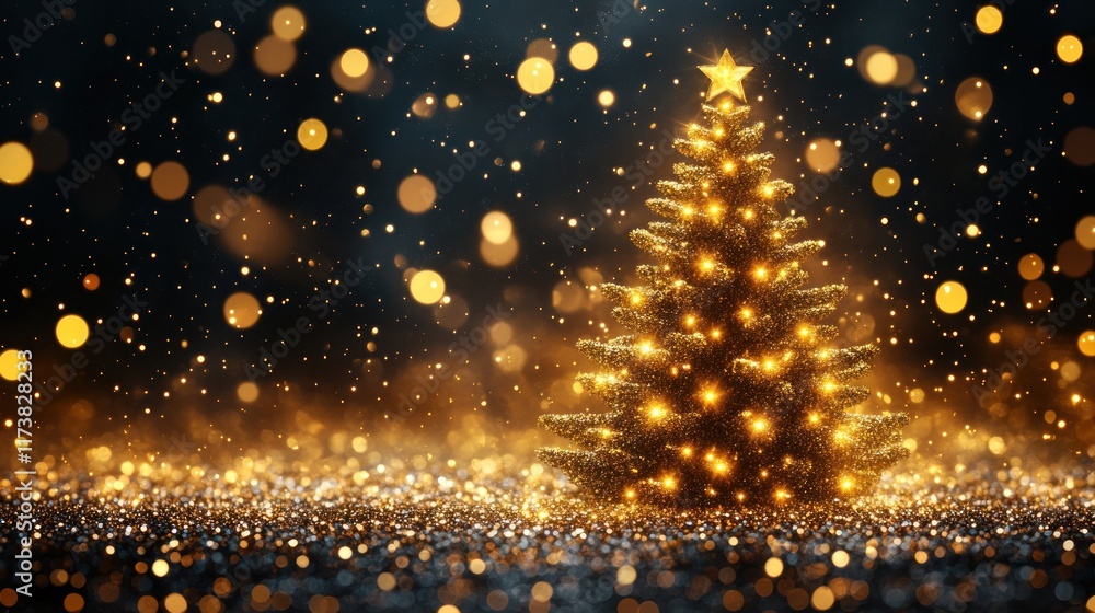 Obraz premium A beautifully lit Christmas tree surrounded by sparkling golden lights.
