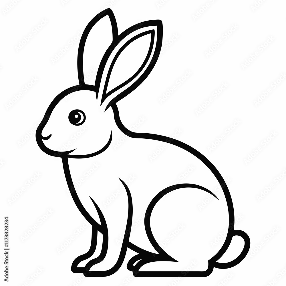 Minimalist rabbit illustration, black and white line drawing, side profile, large ears, simple cartoon style, clean outlines, white background, vector graphic Minimalist rabbit illustration, black and white line drawing, side profile, large ears, simple cartoon style, clean outlines, white background, vector graphic