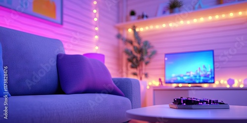 2D animation esports and video game concept, living room, 