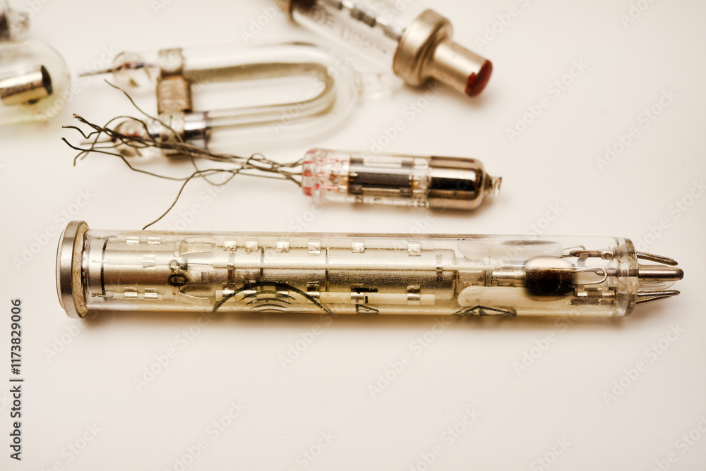 Fototapeta premium Old lamps from radio electronics. Lamps from calculating devices and lighting.