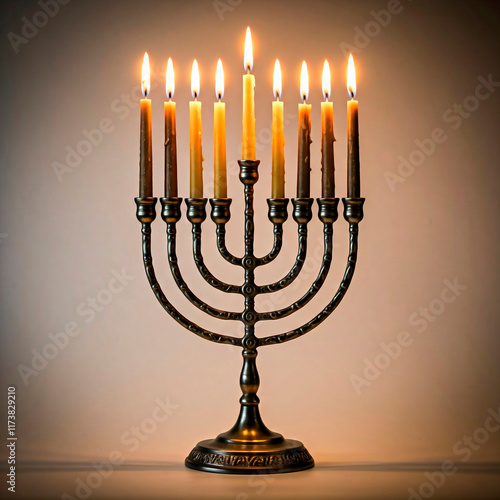 Silver menorah with golden candles, a sign of Jewish devotion photo