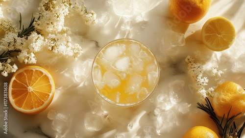 Fototapeta Naklejka Na Ścianę i Meble -  Limoncello cocktail flat lay with fresh ingredients and flowers