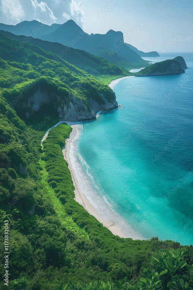 Fototapeta premium Photo réaliste professionnelle d’une île paradisiaque tropicale avec végétation éclatante et côte sinueuse