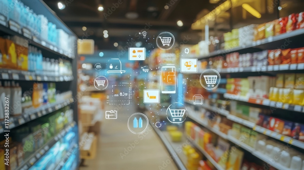 Digital Marketplace with Floating Product Icons and Cart Digital Marketplace with Floating Product Icons and Cart