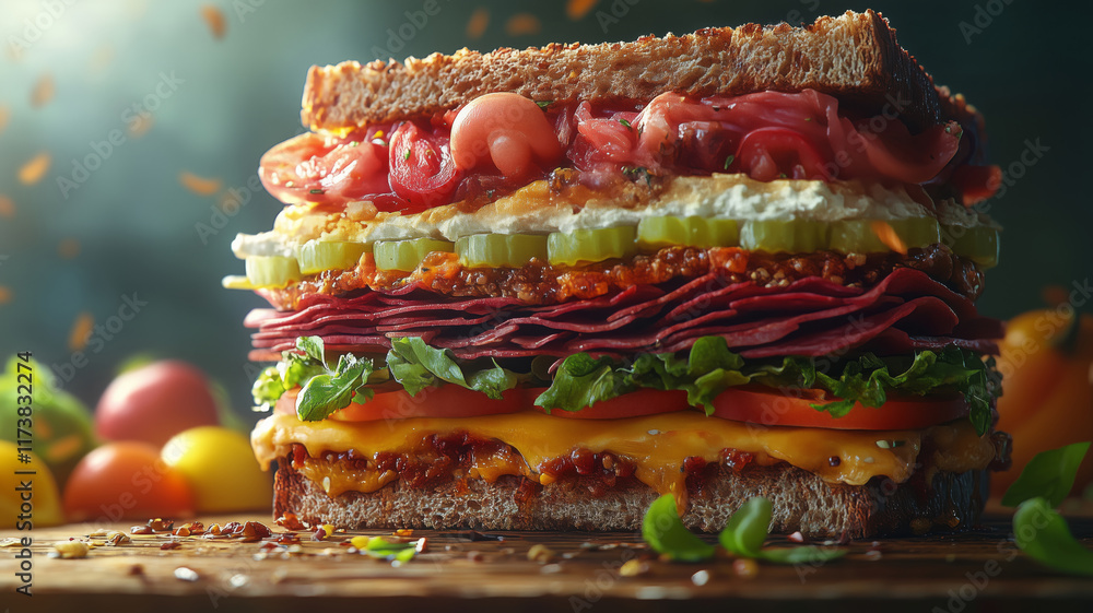 Naklejka premium Gourmet sandwich piled high with vibrant layers of deliciousness in cozy kitchen