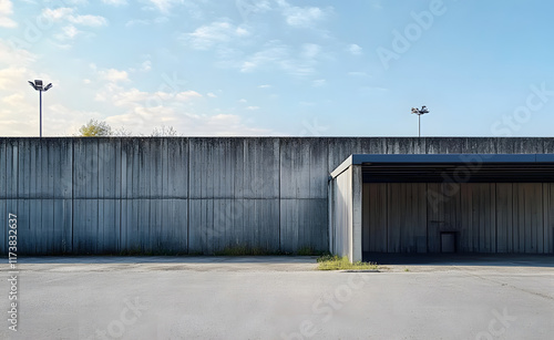 Wallpaper Mural Prefab concrete surrounding wall with large industrial metal shelter and sky on behind and road in front. Background for copy space. Torontodigital.ca