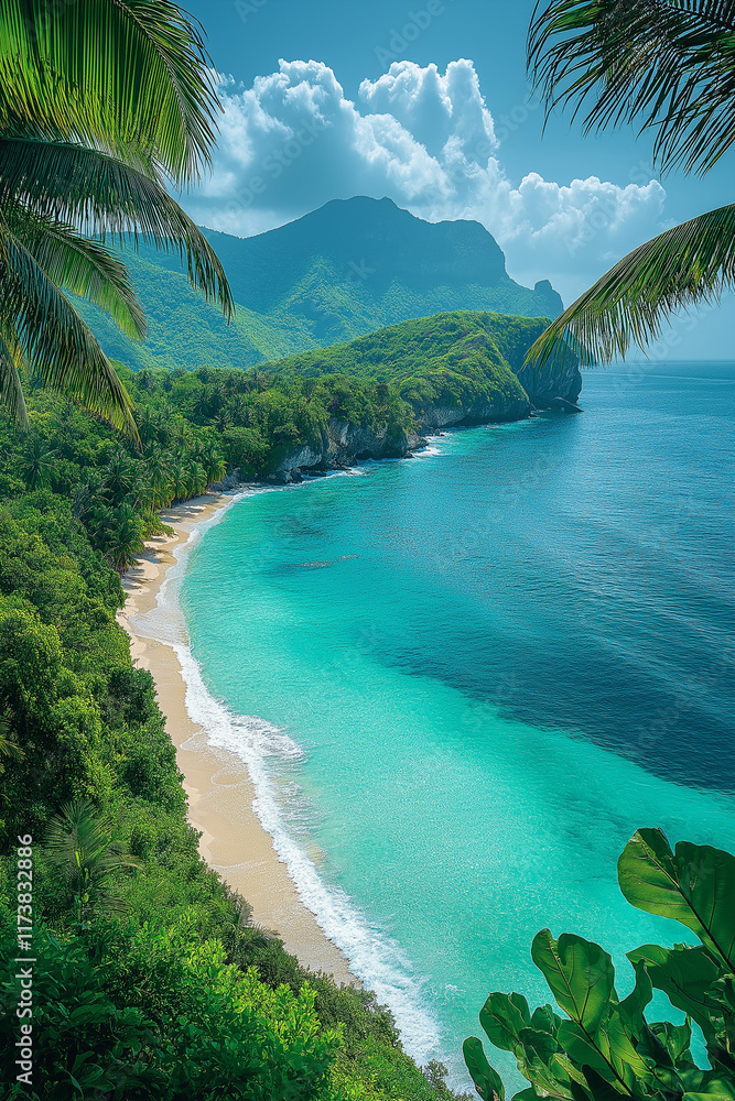 Fototapeta premium Photo réaliste professionnelle d’une île paradisiaque tropicale avec végétation éclatante et côte sinueuse