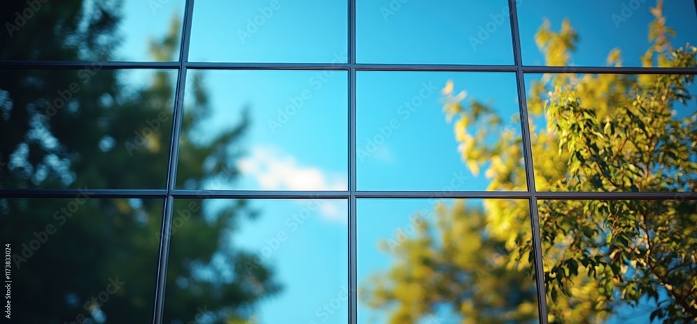 Reflected trees and sky in a modern window pane. Reflected trees and sky in a modern window pane.