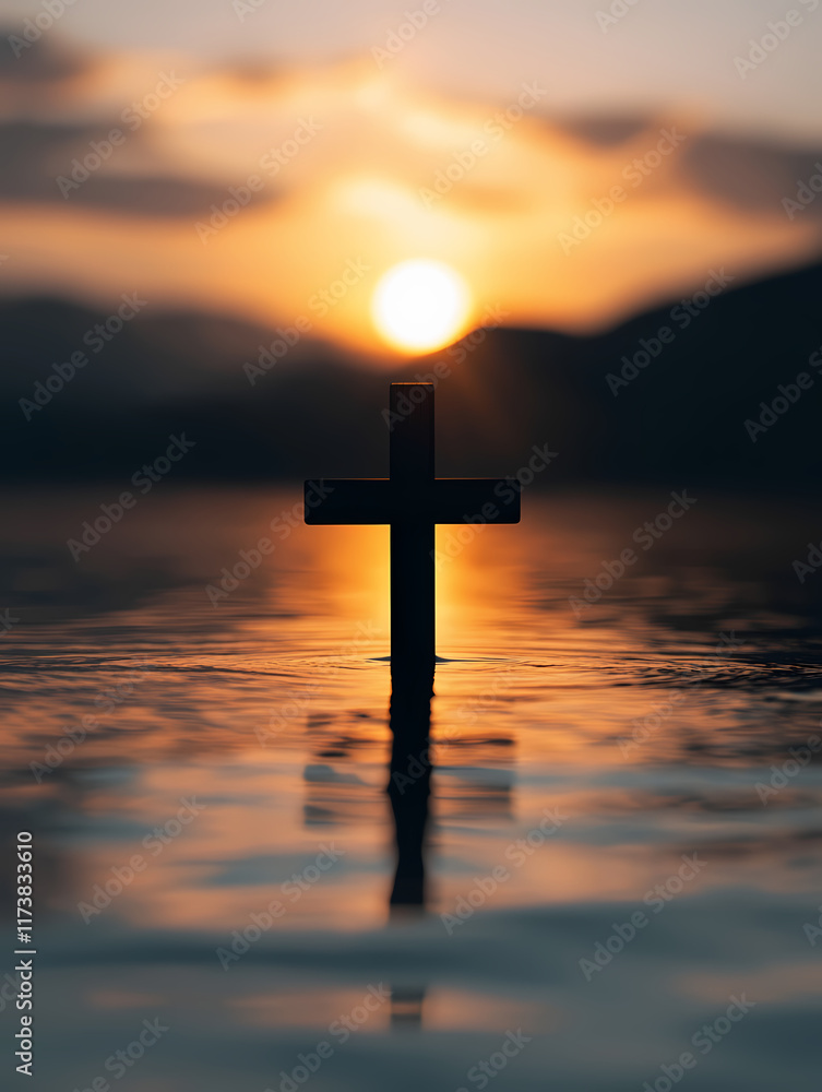 Sunset reflection behind a wooden cross standing in calm water with mountains in the background. Generative AI Sunset reflection behind a wooden cross standing in calm water with mountains in the background. Generative AI