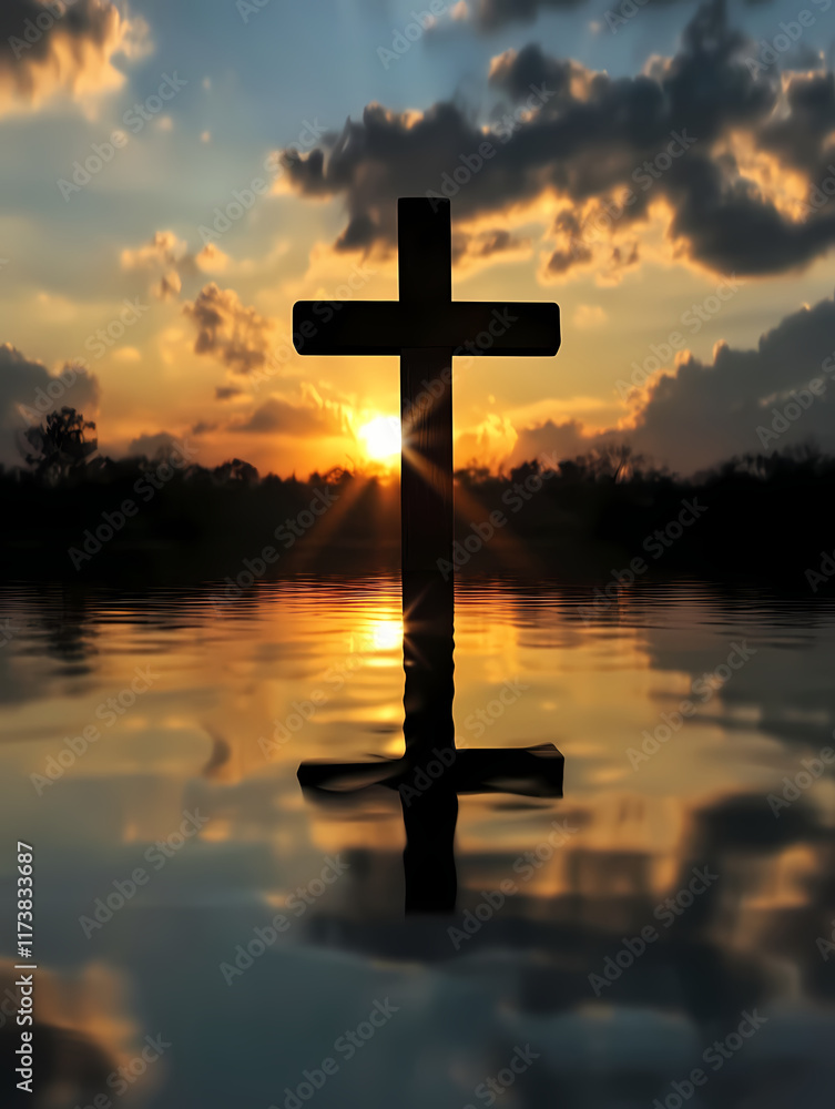 Cross silhouetted against a colorful sunset over calm waters reflecting vibrant skies. Generative AI Cross silhouetted against a colorful sunset over calm waters reflecting vibrant skies. Generative AI