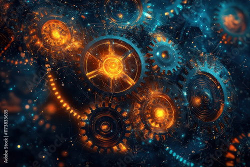 Mechanical glowing gears and wheels in a vibrant, cosmic cyber setting photo