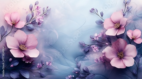 Delicate Pink Flowers on a Blue Abstract Background