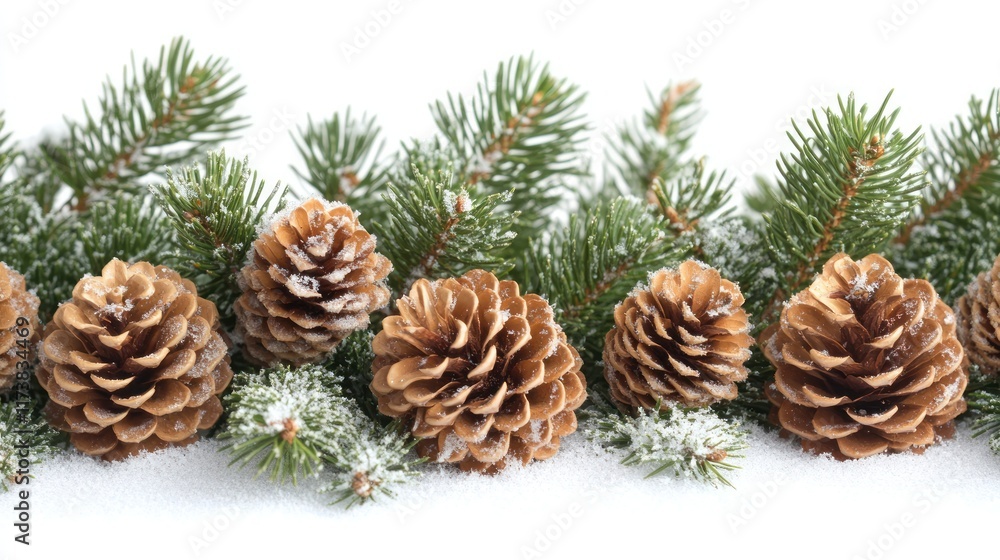 A festive arrangement of pine cones and evergreen branches dusted with snow. A festive arrangement of pine cones and evergreen branches dusted with snow.