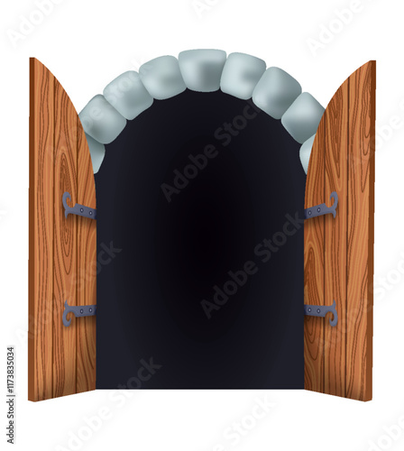 Medieval gate, open. Castle medieval door. Cartoon ancient fortress wooden gate or tower arch door. Stone arch with metal hinges for entry. Vintage city entrance, vector illustration
