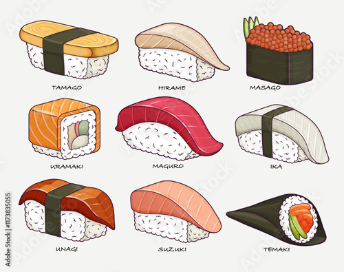Sushi set of traditional Japanese food, featuring rolls, masago, uramaki, tamago, hirame, unagi, temaki, maguro, and ika.
