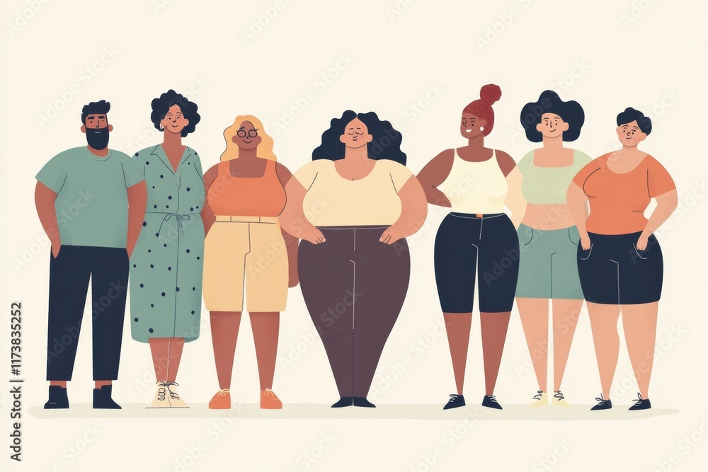 Fototapeta premium Illustration of diverse individuals, different ages and ethnicities, posing against a simple white background, minimal background with copy space