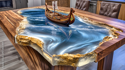 Artistic Wooden Table with a Miniature Ship and Realistic Water Effects, Combining Creative Craftsmanship and Imaginative Design for a Unique Furniture Concept photo