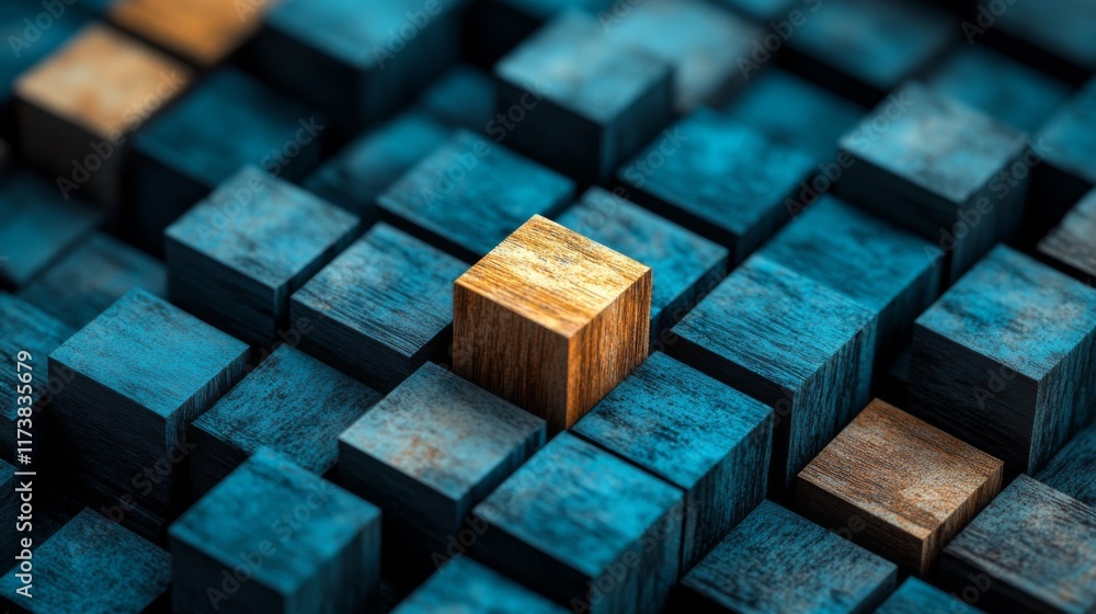 Unique wooden cube among many teal cubes. Unique wooden cube among many teal cubes.