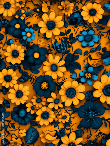 Flat lay Gold and navy blue floral background