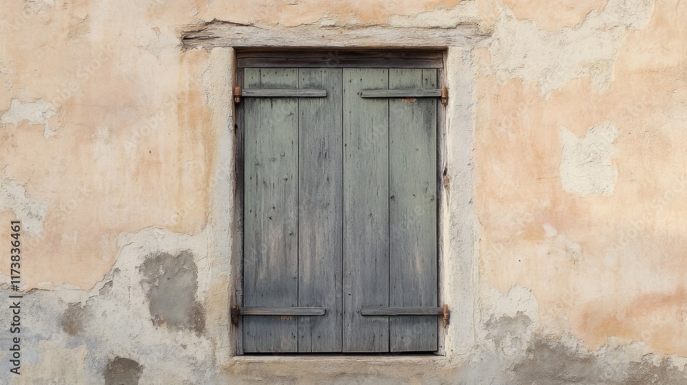 Weathered gray wooden shutters on a rustic peach stucco wall. Weathered gray wooden shutters on a rustic peach stucco wall.