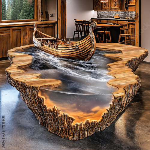 Artistic Wooden Table with a Miniature Ship and Realistic Water Effects, Combining Creative Craftsmanship and Imaginative Design for a Unique Furniture Concept photo