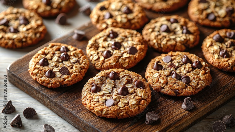 Delicious oatmeal cookies with chocolate chips on wooden board. Delicious oatmeal cookies with chocolate chips on wooden board.